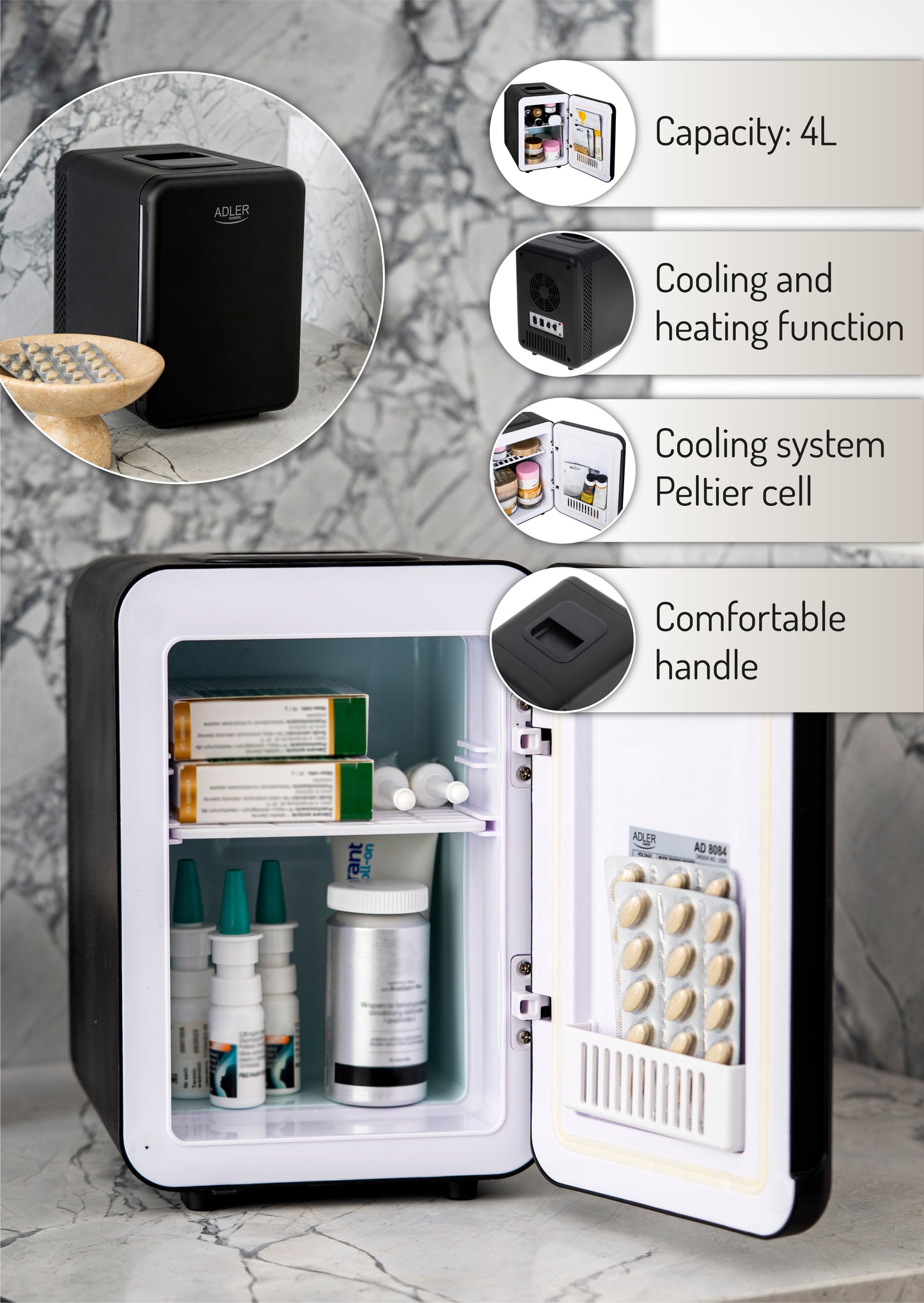 Adler AD 8084 Mini Fridge 4L | Cooling & Heating | For Home & Car | Peltier System 000998