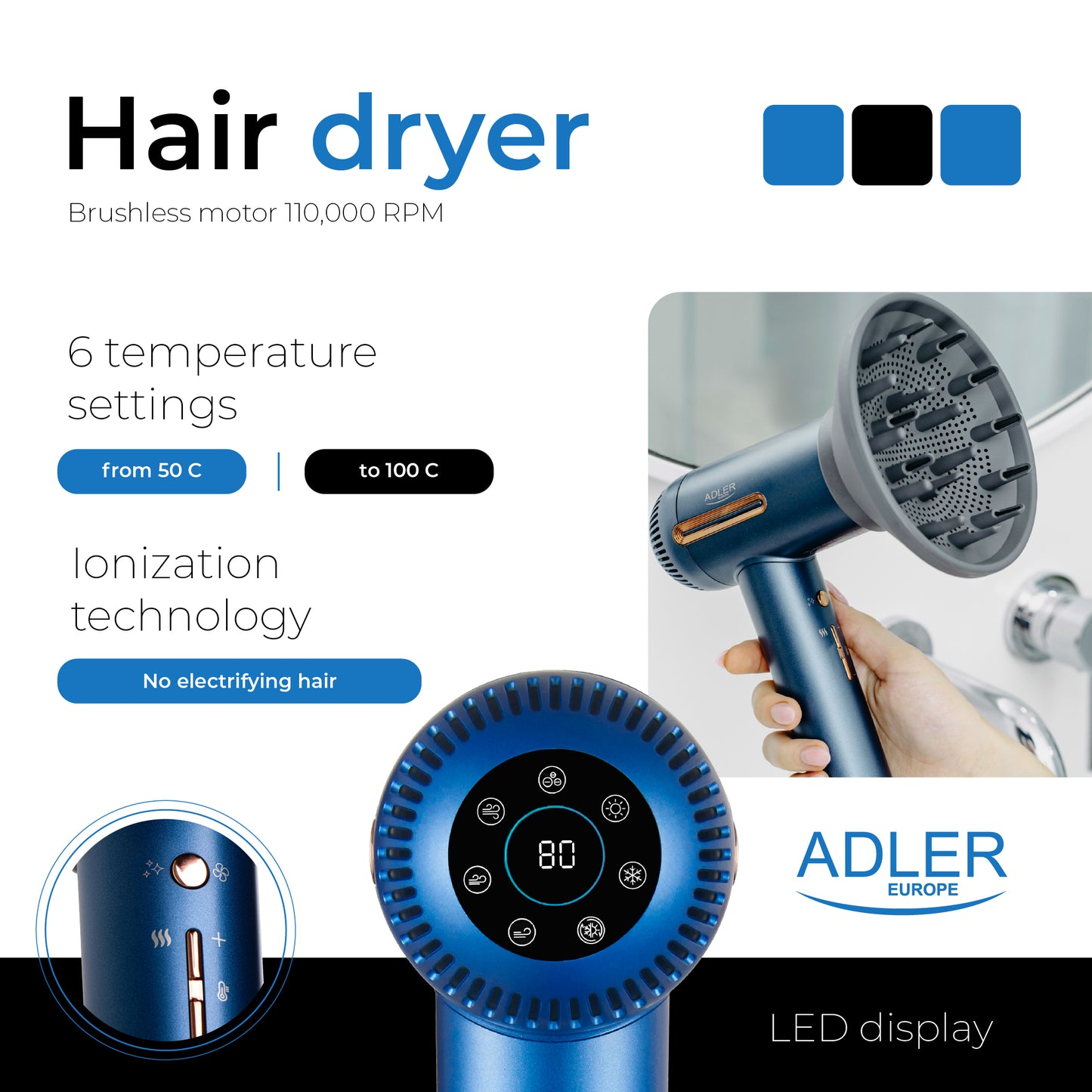 Adler AD 2271 SUPERSPEED hair dryer - Brushless motor 110,000 RPM - 00060